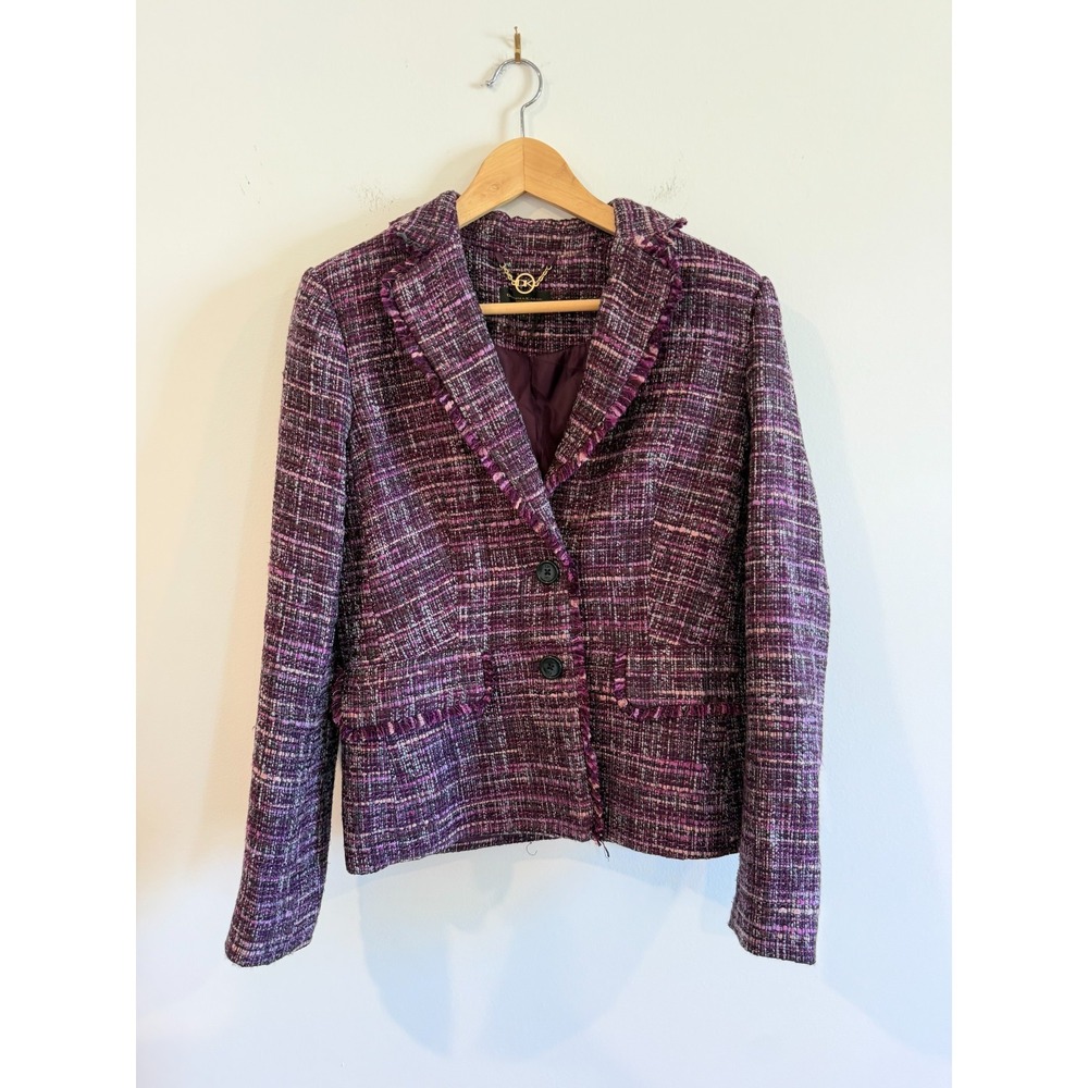 DKNY Donna Karan Tweed Fringe Frayed Trim Blazer Jacket Purple Size 4